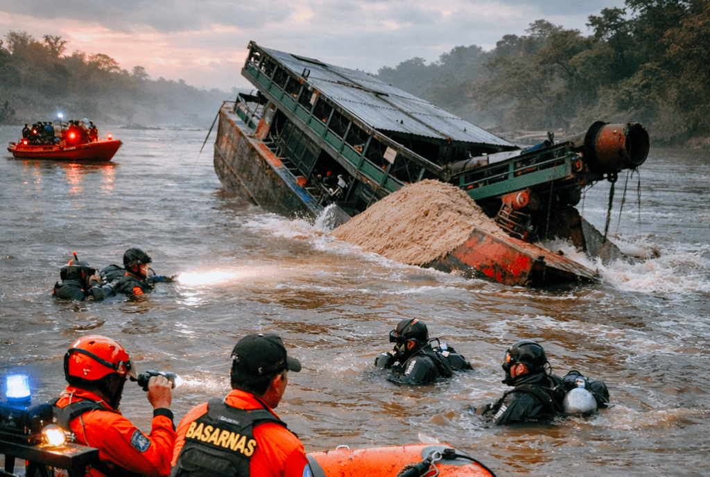 Mencekam! Kapal Tambang Pasir Terbalik di Sungai Kapuas Tengah Malam