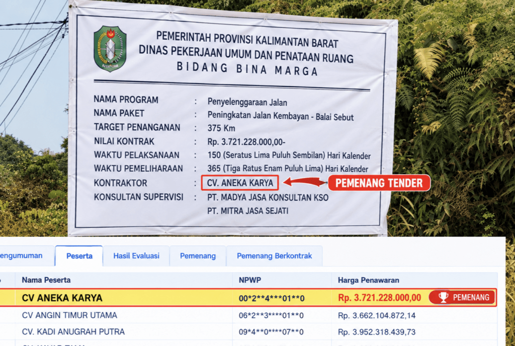 Tender Jalan Kembayan–Balai Sebut Disorot: CV Aneka Karya Menang Meski Bukan Penawar Terendah